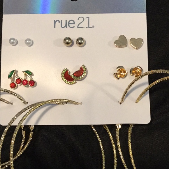 Rue21, Goldtone Earrings, 6 Stud 3 Hoop, 💜❤️💕💙 - Picture 4 of 5